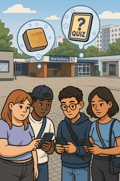 KI generierte Animation von 4 Jugendlichen, die mit dem Tablet den Actionbound vor dem S-Bahnhof Wartenberg spielen