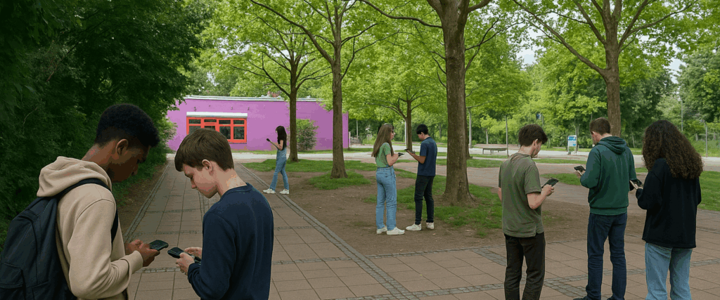 KI generiertes Bild von Jugendlichen, die mit dem Tablet in der Nähe des S-Bahnhofs Wartenberg spielen.